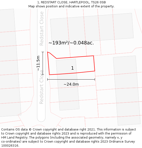 1, REDSTART CLOSE, HARTLEPOOL, TS26 0SB: Plot and title map