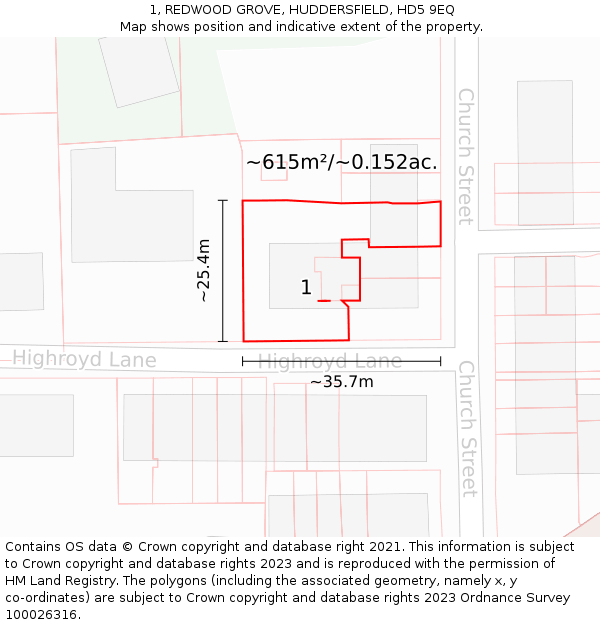 1, REDWOOD GROVE, HUDDERSFIELD, HD5 9EQ: Plot and title map