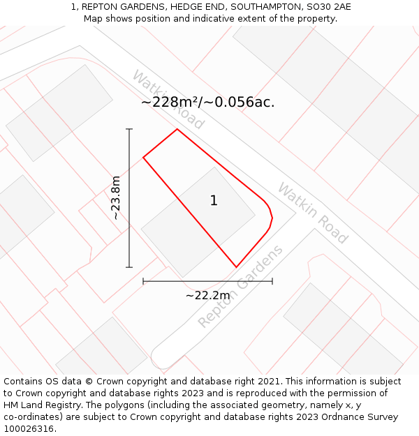 1, REPTON GARDENS, HEDGE END, SOUTHAMPTON, SO30 2AE: Plot and title map