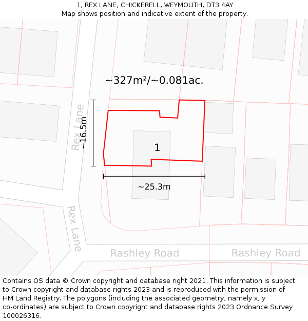 1, REX LANE, CHICKERELL, WEYMOUTH, DT3 4AY: Plot and title map