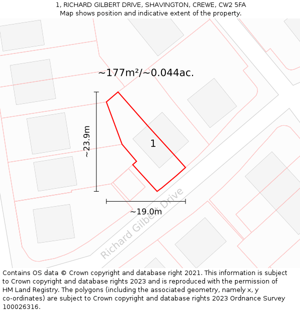 1, RICHARD GILBERT DRIVE, SHAVINGTON, CREWE, CW2 5FA: Plot and title map
