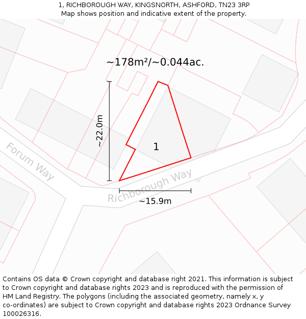 1, RICHBOROUGH WAY, KINGSNORTH, ASHFORD, TN23 3RP: Plot and title map