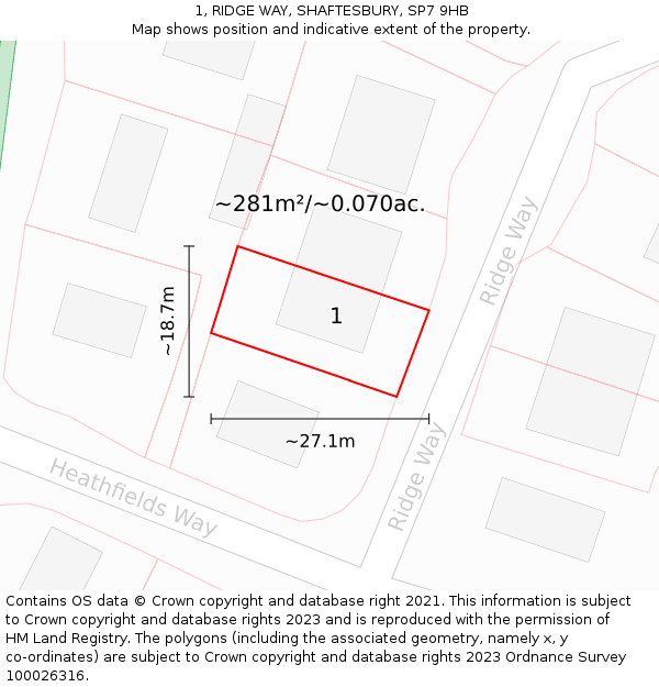 1, RIDGE WAY, SHAFTESBURY, SP7 9HB: Plot and title map