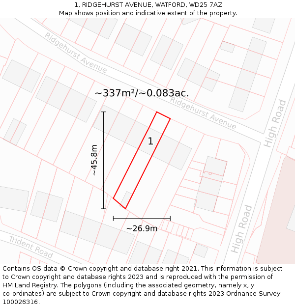 1, RIDGEHURST AVENUE, WATFORD, WD25 7AZ: Plot and title map