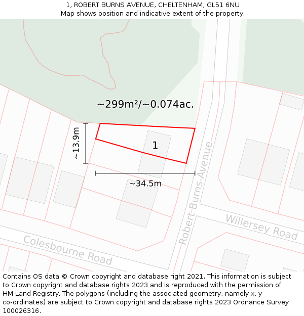 1, ROBERT BURNS AVENUE, CHELTENHAM, GL51 6NU: Plot and title map