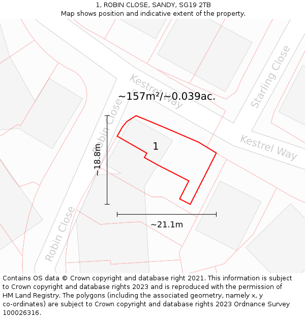 1, ROBIN CLOSE, SANDY, SG19 2TB: Plot and title map