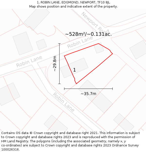 1, ROBIN LANE, EDGMOND, NEWPORT, TF10 8JL: Plot and title map