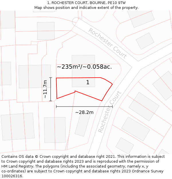 1, ROCHESTER COURT, BOURNE, PE10 9TW: Plot and title map