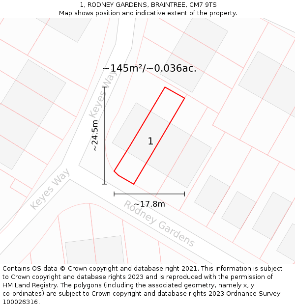 1, RODNEY GARDENS, BRAINTREE, CM7 9TS: Plot and title map