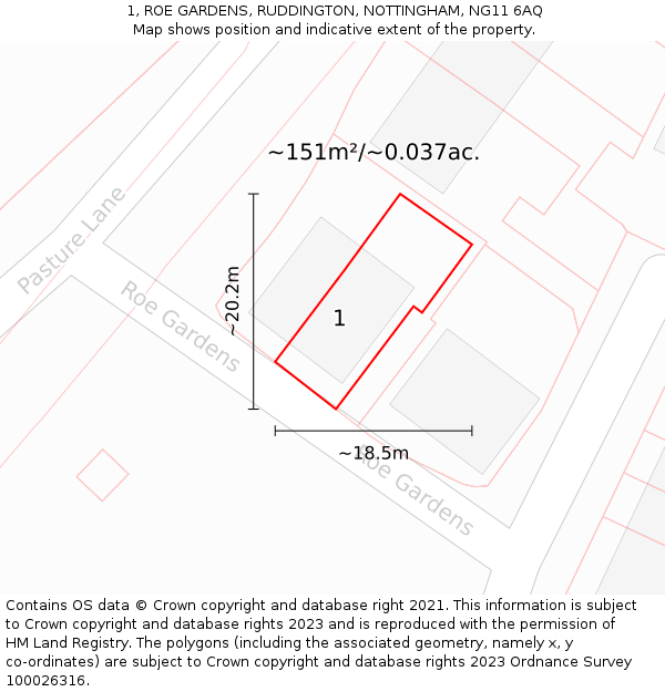 1, ROE GARDENS, RUDDINGTON, NOTTINGHAM, NG11 6AQ: Plot and title map