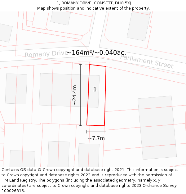 1, ROMANY DRIVE, CONSETT, DH8 5XJ: Plot and title map