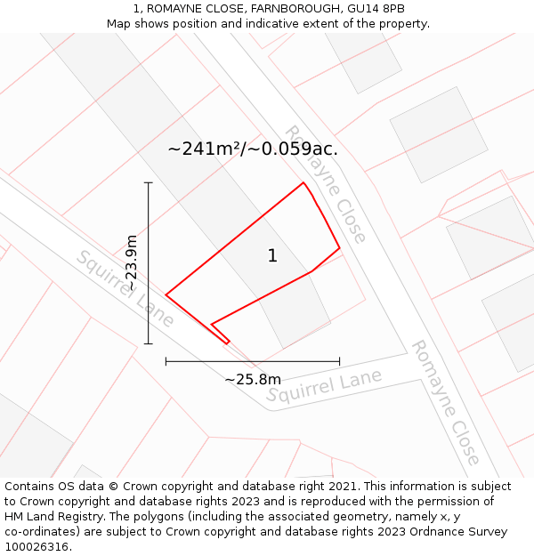 1, ROMAYNE CLOSE, FARNBOROUGH, GU14 8PB: Plot and title map