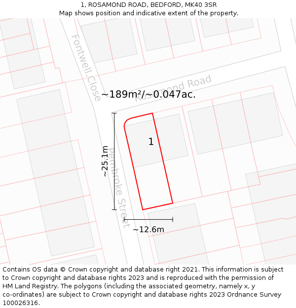 1, ROSAMOND ROAD, BEDFORD, MK40 3SR: Plot and title map