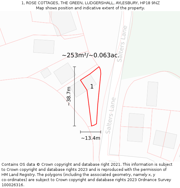 1, ROSE COTTAGES, THE GREEN, LUDGERSHALL, AYLESBURY, HP18 9NZ: Plot and title map