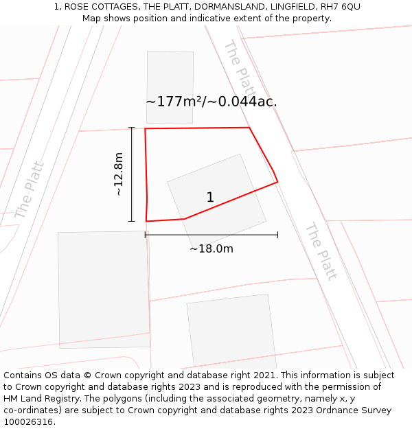 1, ROSE COTTAGES, THE PLATT, DORMANSLAND, LINGFIELD, RH7 6QU: Plot and title map