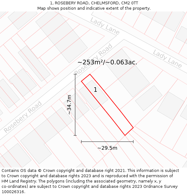 1, ROSEBERY ROAD, CHELMSFORD, CM2 0TT: Plot and title map