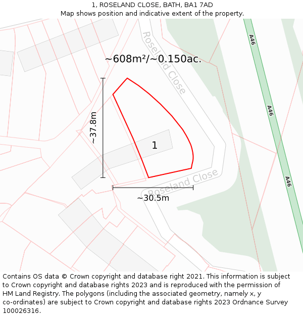 1, ROSELAND CLOSE, BATH, BA1 7AD: Plot and title map