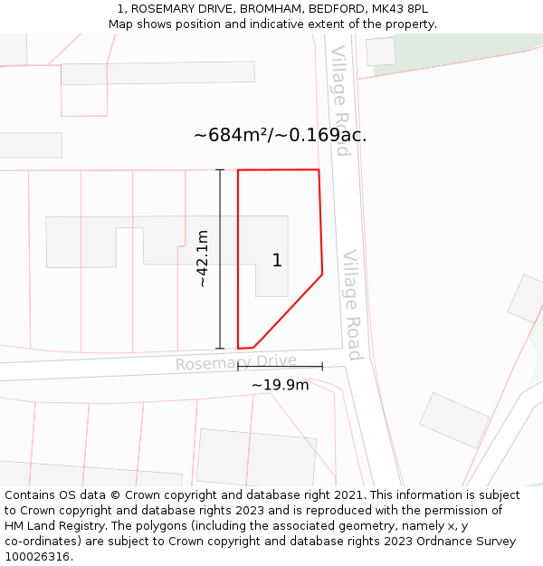 1, ROSEMARY DRIVE, BROMHAM, BEDFORD, MK43 8PL: Plot and title map