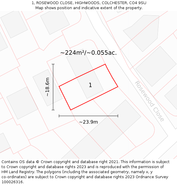 1, ROSEWOOD CLOSE, HIGHWOODS, COLCHESTER, CO4 9SU: Plot and title map