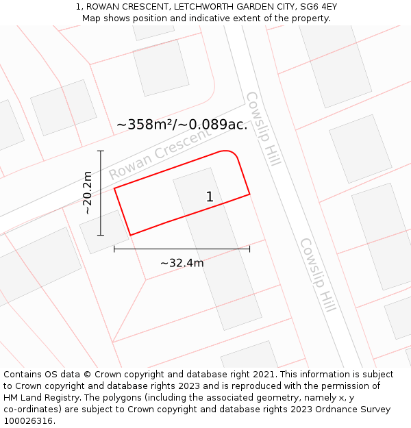 1, ROWAN CRESCENT, LETCHWORTH GARDEN CITY, SG6 4EY: Plot and title map