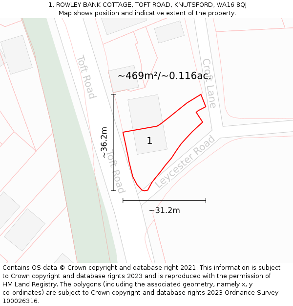 1, ROWLEY BANK COTTAGE, TOFT ROAD, KNUTSFORD, WA16 8QJ: Plot and title map
