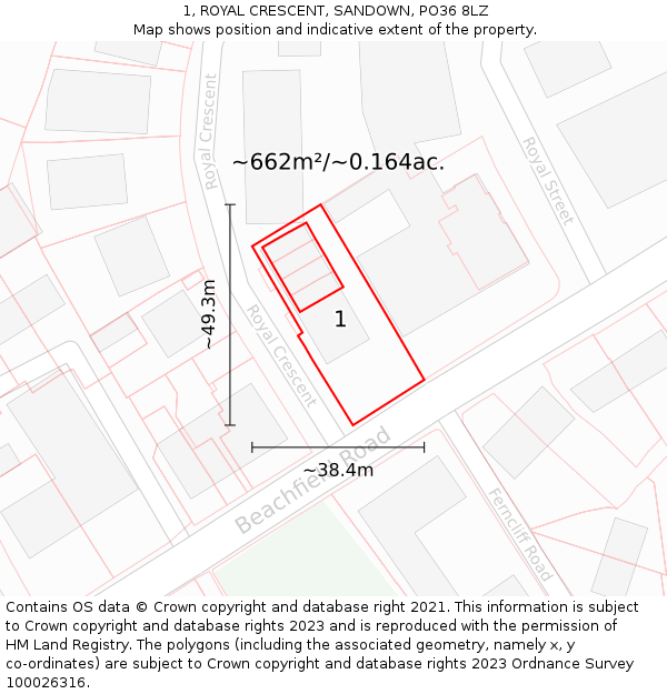 1, ROYAL CRESCENT, SANDOWN, PO36 8LZ: Plot and title map