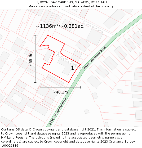 1, ROYAL OAK GARDENS, MALVERN, WR14 1AH: Plot and title map