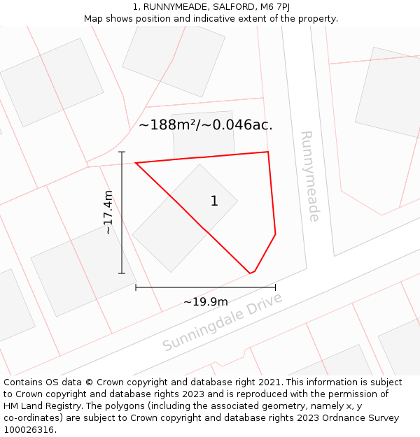 1, RUNNYMEADE, SALFORD, M6 7PJ: Plot and title map