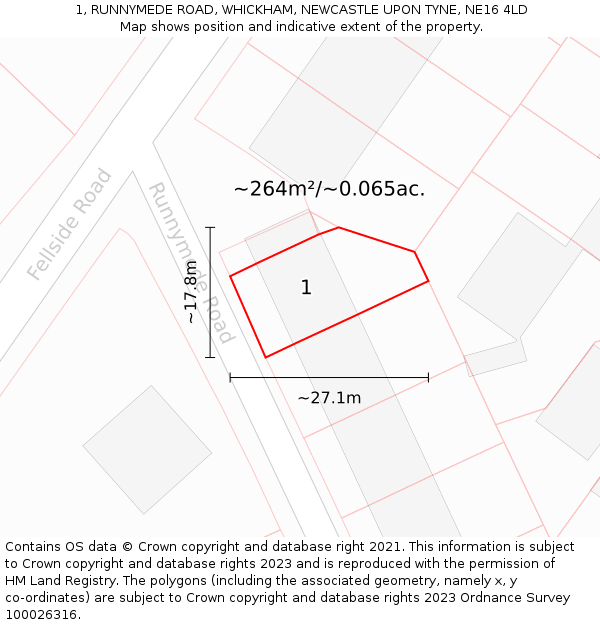 1, RUNNYMEDE ROAD, WHICKHAM, NEWCASTLE UPON TYNE, NE16 4LD: Plot and title map