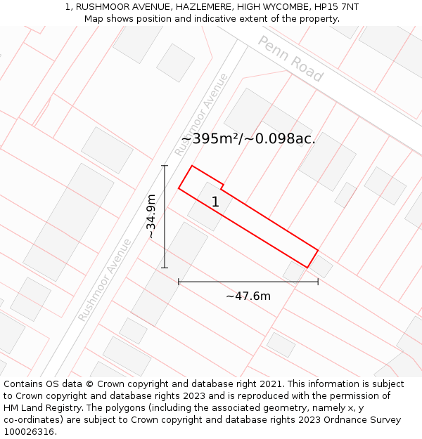 1, RUSHMOOR AVENUE, HAZLEMERE, HIGH WYCOMBE, HP15 7NT: Plot and title map