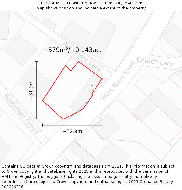 1, RUSHMOOR LANE, BACKWELL, BRISTOL, BS48 3BN: Plot and title map