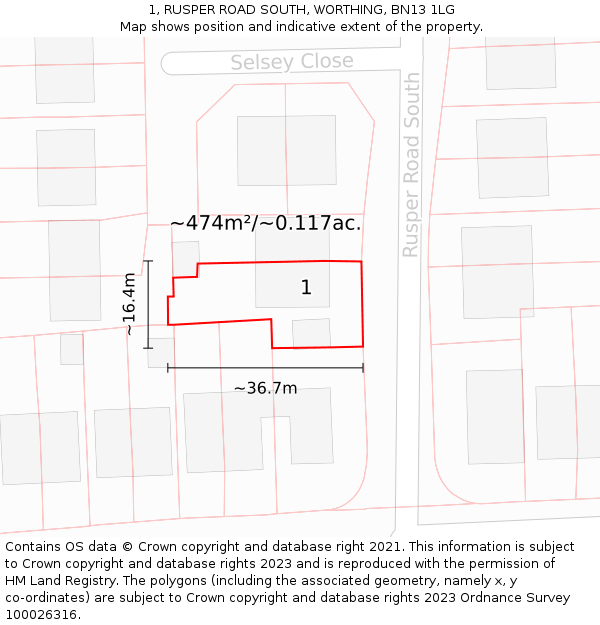 1, RUSPER ROAD SOUTH, WORTHING, BN13 1LG: Plot and title map