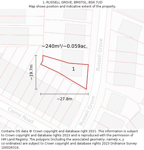 1, RUSSELL GROVE, BRISTOL, BS6 7UD: Plot and title map