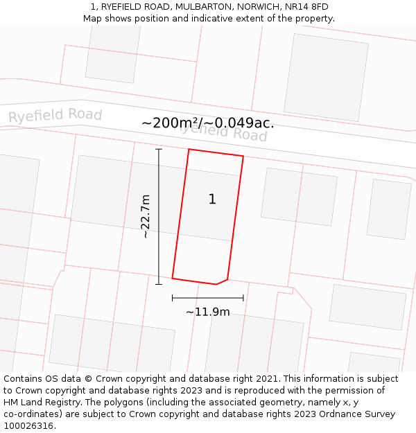 1, RYEFIELD ROAD, MULBARTON, NORWICH, NR14 8FD: Plot and title map