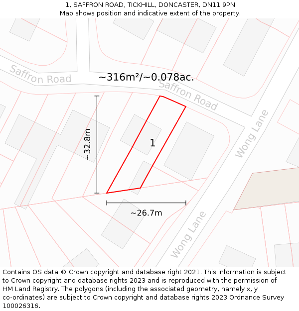 1, SAFFRON ROAD, TICKHILL, DONCASTER, DN11 9PN: Plot and title map