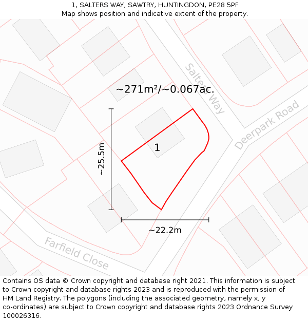 1, SALTERS WAY, SAWTRY, HUNTINGDON, PE28 5PF: Plot and title map