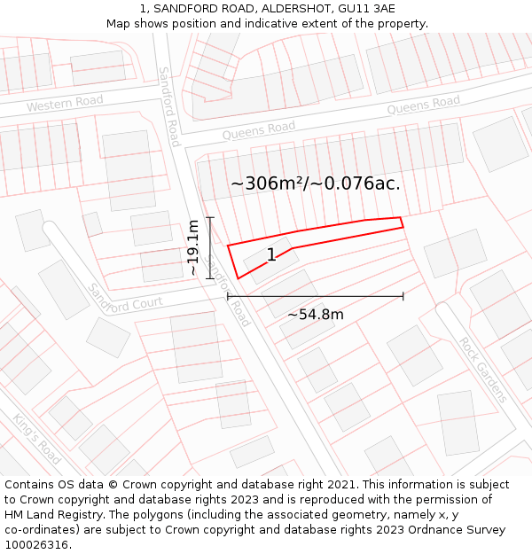 1, SANDFORD ROAD, ALDERSHOT, GU11 3AE: Plot and title map