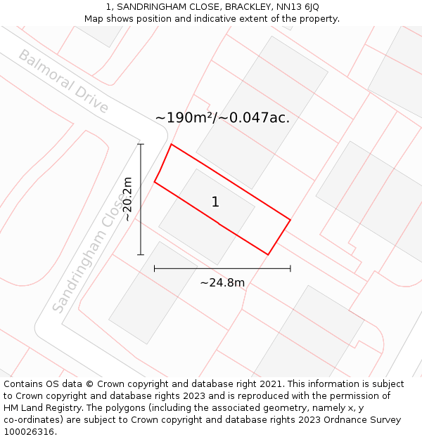 1, SANDRINGHAM CLOSE, BRACKLEY, NN13 6JQ: Plot and title map