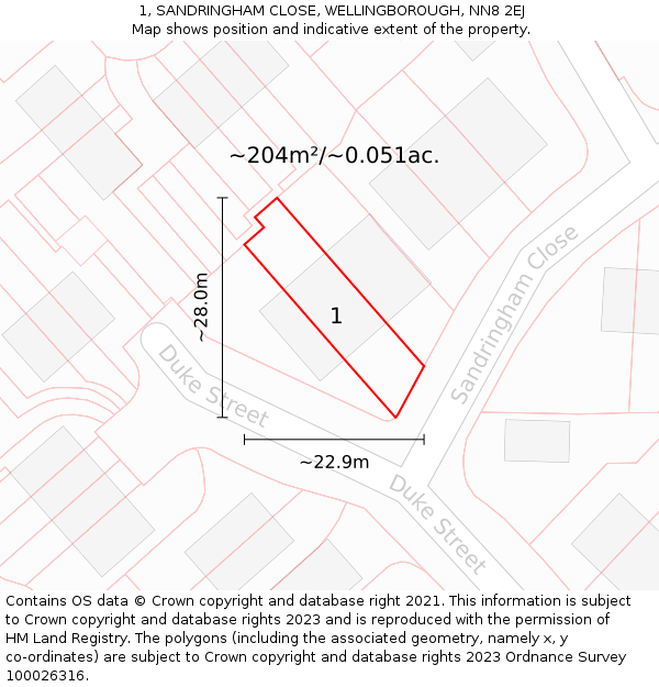 1, SANDRINGHAM CLOSE, WELLINGBOROUGH, NN8 2EJ: Plot and title map