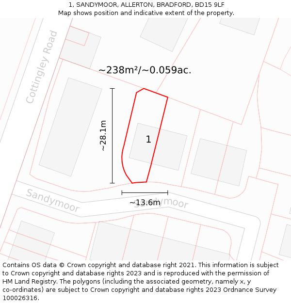 1, SANDYMOOR, ALLERTON, BRADFORD, BD15 9LF: Plot and title map