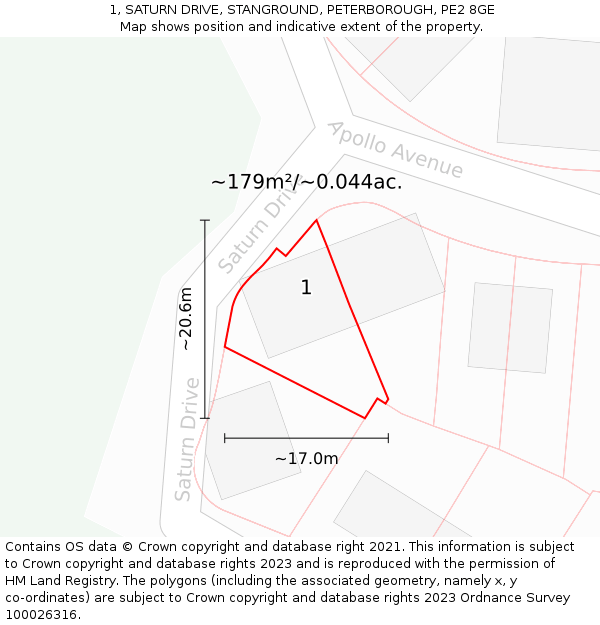 1, SATURN DRIVE, STANGROUND, PETERBOROUGH, PE2 8GE: Plot and title map