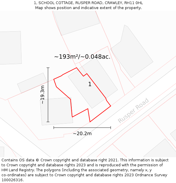 1, SCHOOL COTTAGE, RUSPER ROAD, CRAWLEY, RH11 0HL: Plot and title map