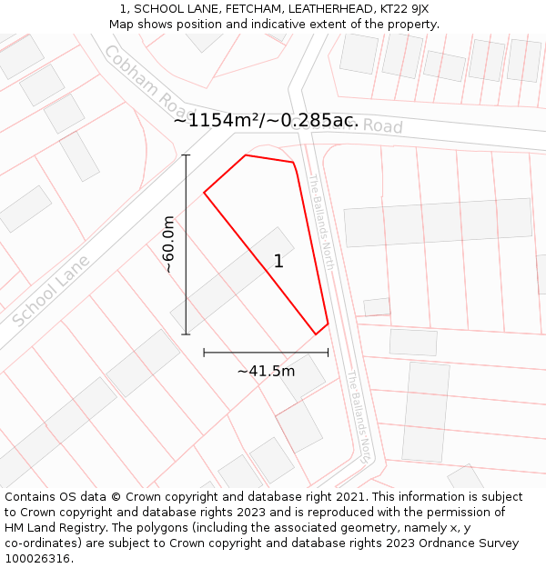 1, SCHOOL LANE, FETCHAM, LEATHERHEAD, KT22 9JX: Plot and title map