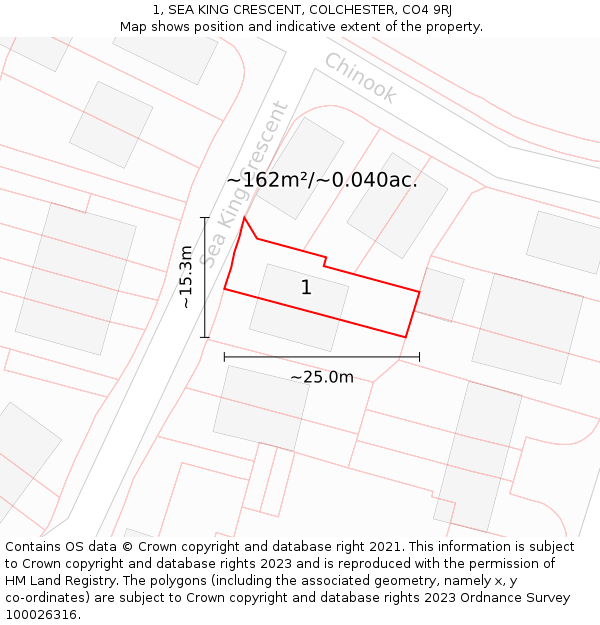 1, SEA KING CRESCENT, COLCHESTER, CO4 9RJ: Plot and title map