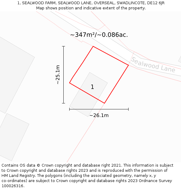 1, SEALWOOD FARM, SEALWOOD LANE, OVERSEAL, SWADLINCOTE, DE12 6JR: Plot and title map