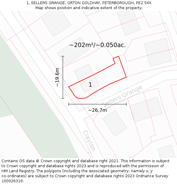 1, SELLERS GRANGE, ORTON GOLDHAY, PETERBOROUGH, PE2 5XX: Plot and title map