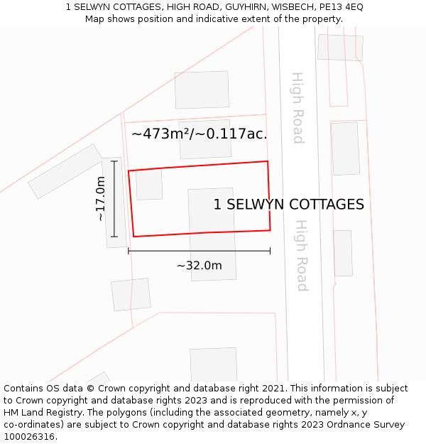 1 SELWYN COTTAGES, HIGH ROAD, GUYHIRN, WISBECH, PE13 4EQ: Plot and title map