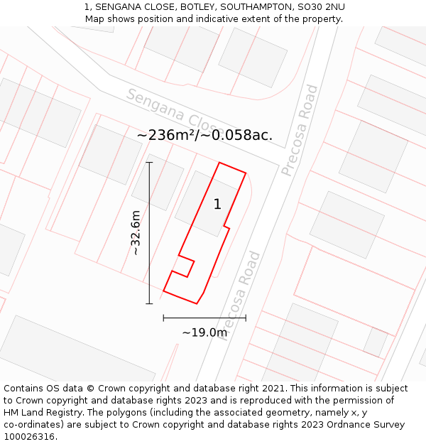 1, SENGANA CLOSE, BOTLEY, SOUTHAMPTON, SO30 2NU: Plot and title map