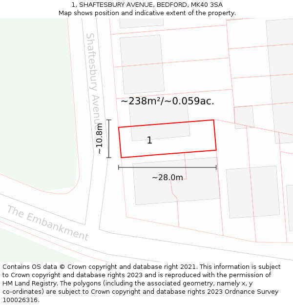 1, SHAFTESBURY AVENUE, BEDFORD, MK40 3SA: Plot and title map