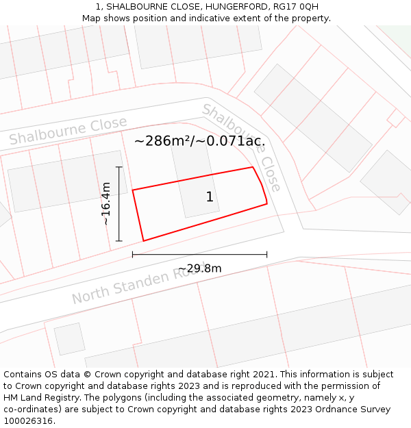 1, SHALBOURNE CLOSE, HUNGERFORD, RG17 0QH: Plot and title map